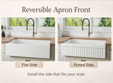 Reversible apron fireclay farmhouse sink with flat and fluted apron front options