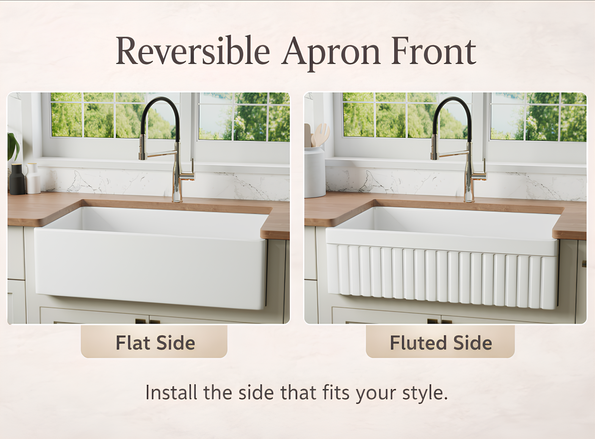 Reversible apron fireclay farmhouse sink with flat and fluted apron front options