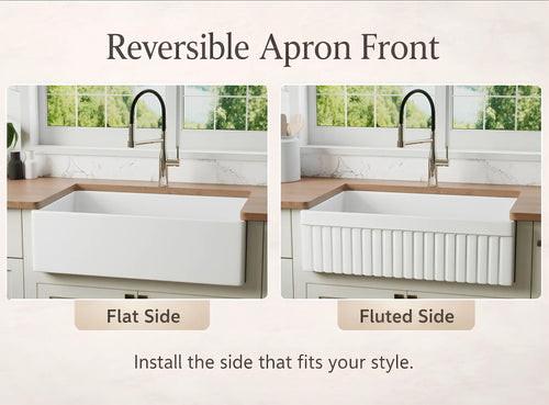 Reversible apron fireclay farmhouse sink with flat and fluted apron front options