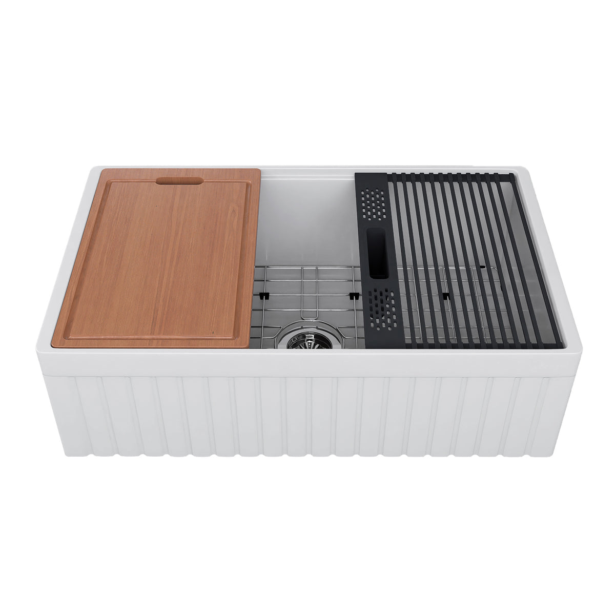 30 inch reversible apron fireclay farmhouse sink with ribbed apron and workstation accessories