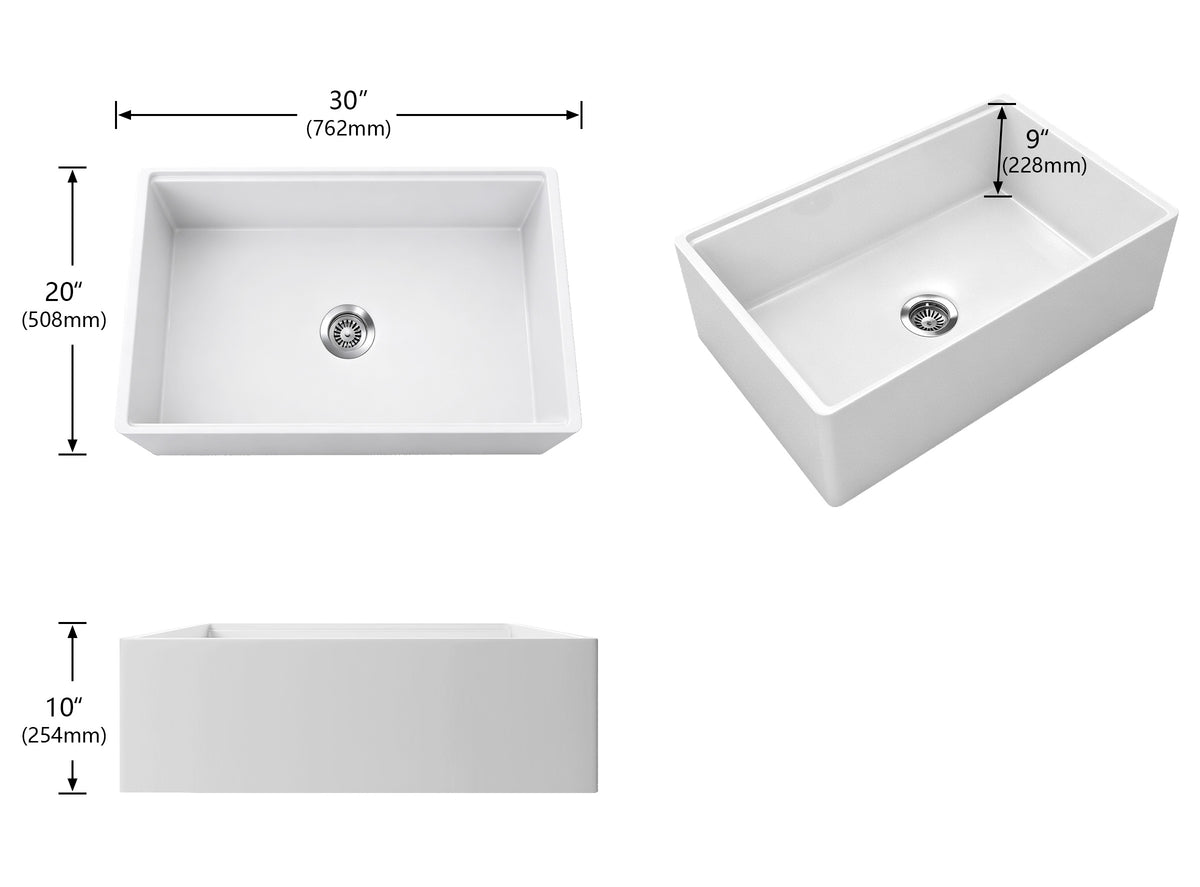 30 inch reversible apron fireclay farmhouse sink size diagram showing 30 x 20 x 10 dimensions