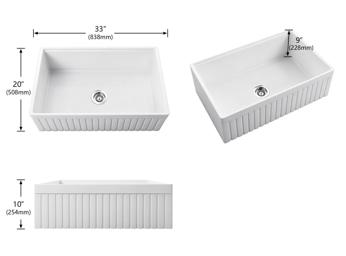 33 x 20 inch ribbed apron fireclay farmhouse sink dimension diagram with 10 inch apron and 9 inch bowl depth