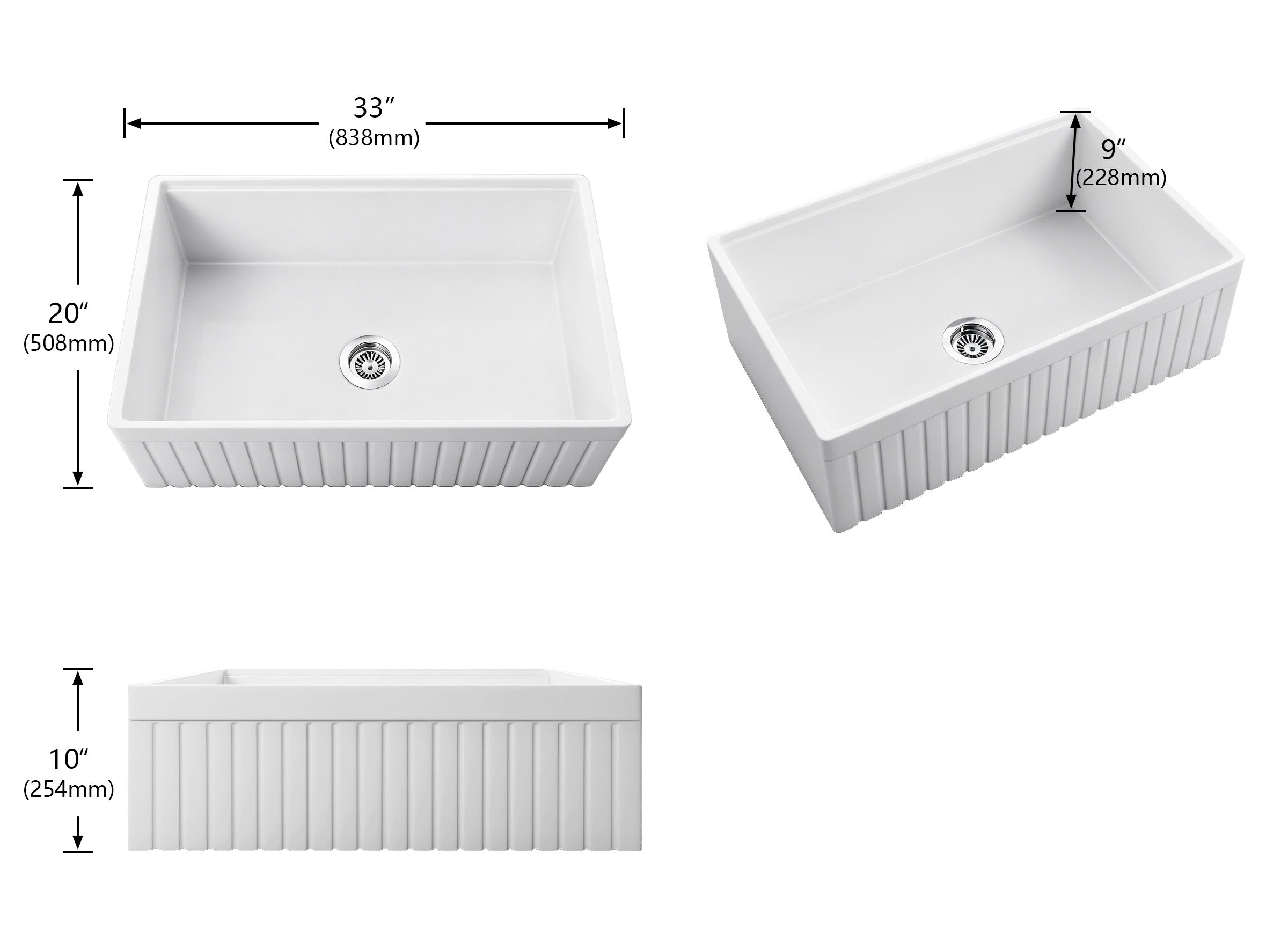 33 x 20 inch ribbed apron fireclay farmhouse sink dimension diagram with 10 inch apron and 9 inch bowl depth
