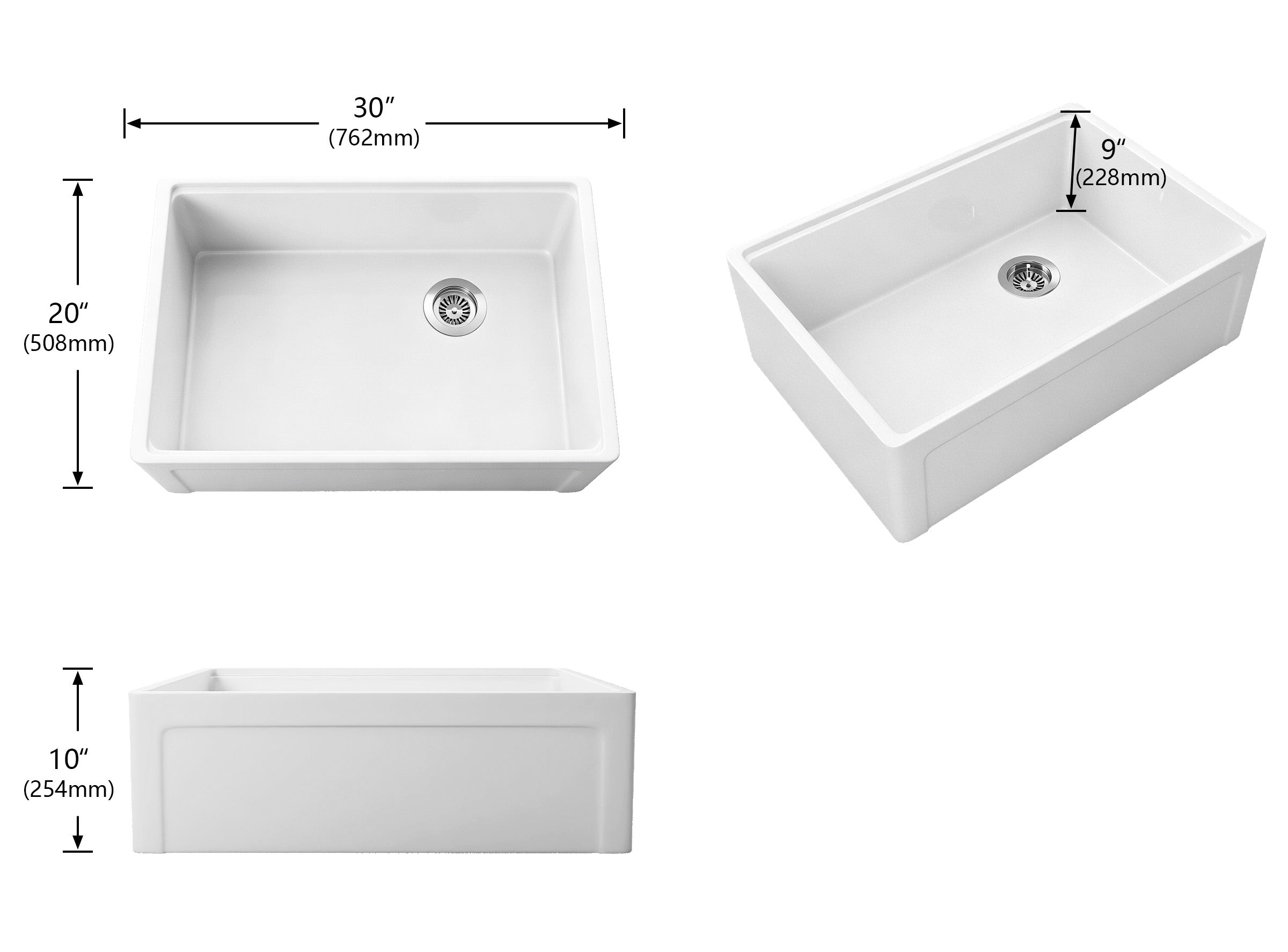 30 inch grooved fireclay farmhouse sink size diagram with 30 x 20 x 10 inch dimensions