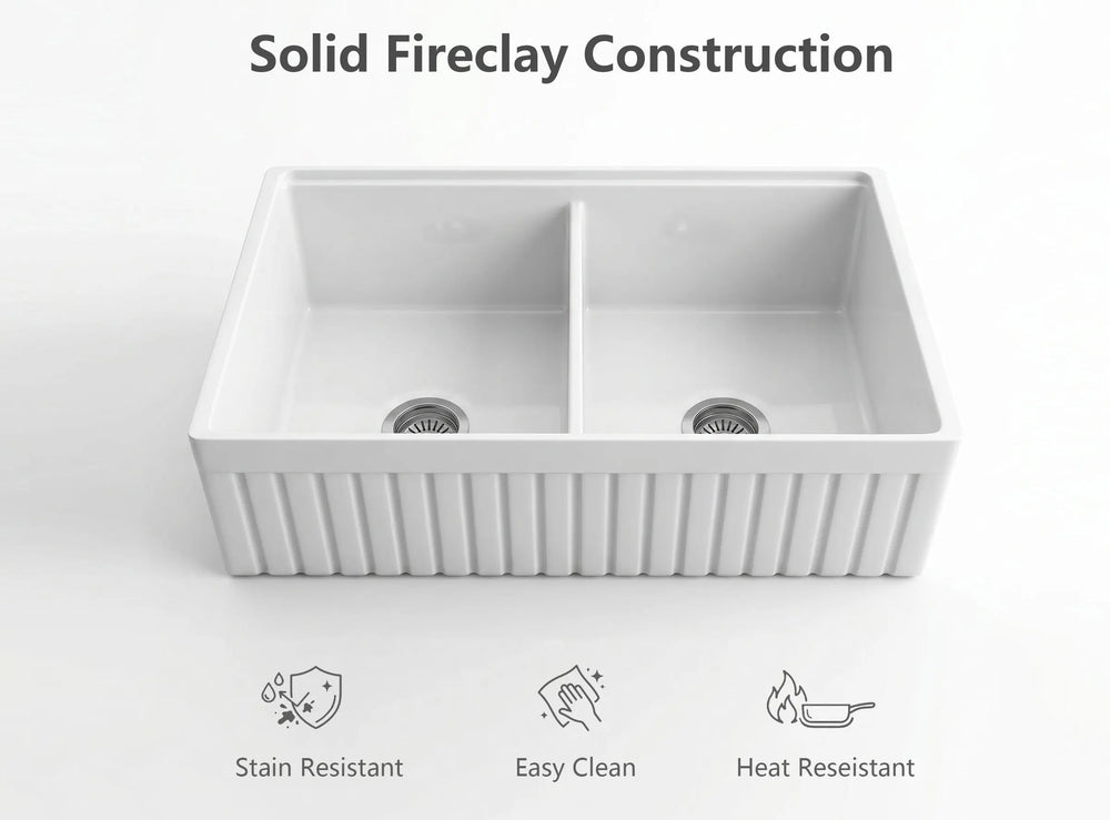Close-up of 33" fireclay double bowl farmhouse sink highlighting solid fireclay construction, non-porous surface, and durable design