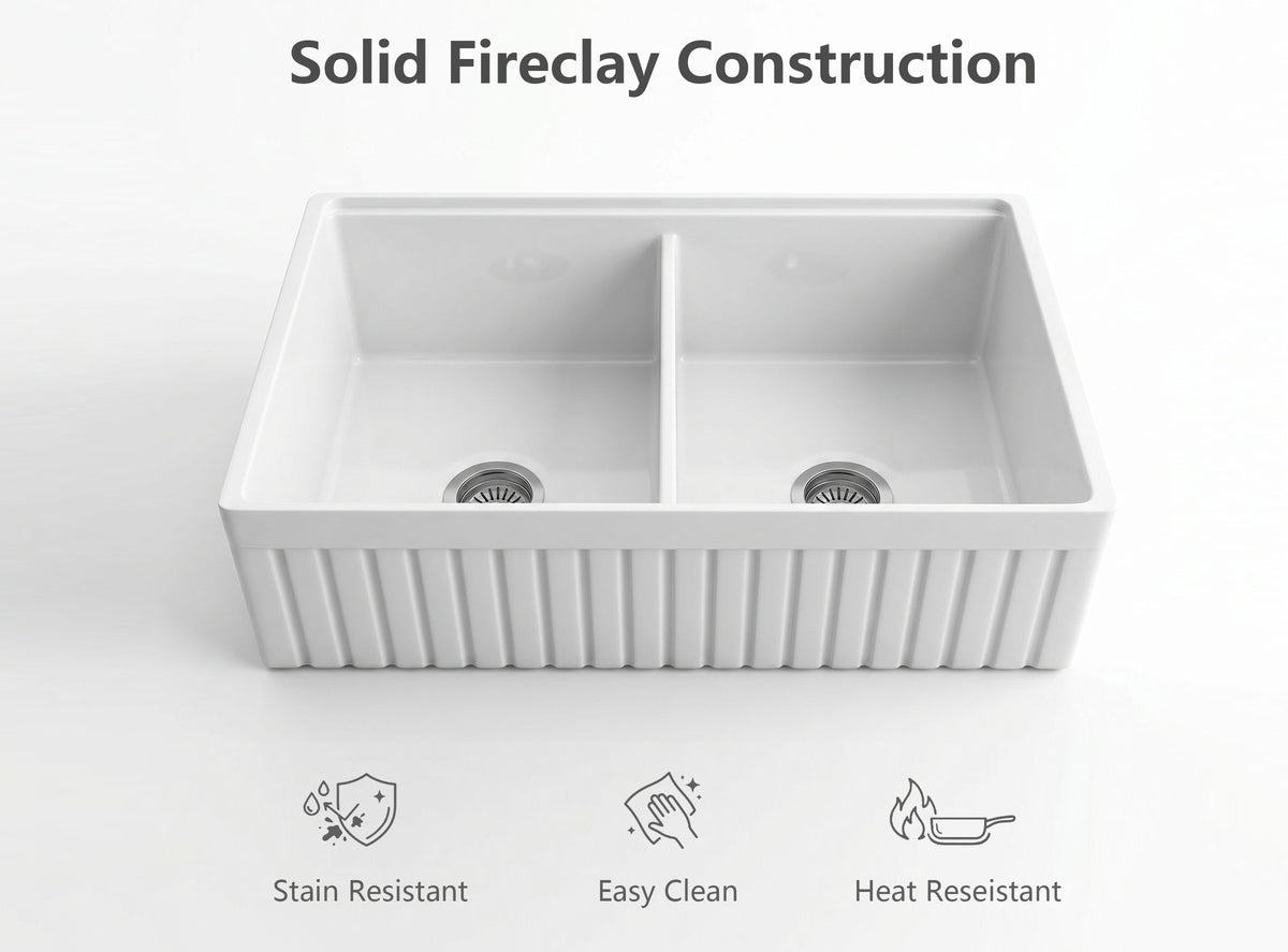 Close-up of 33" fireclay double bowl farmhouse sink highlighting solid fireclay construction, non-porous surface, and durable design