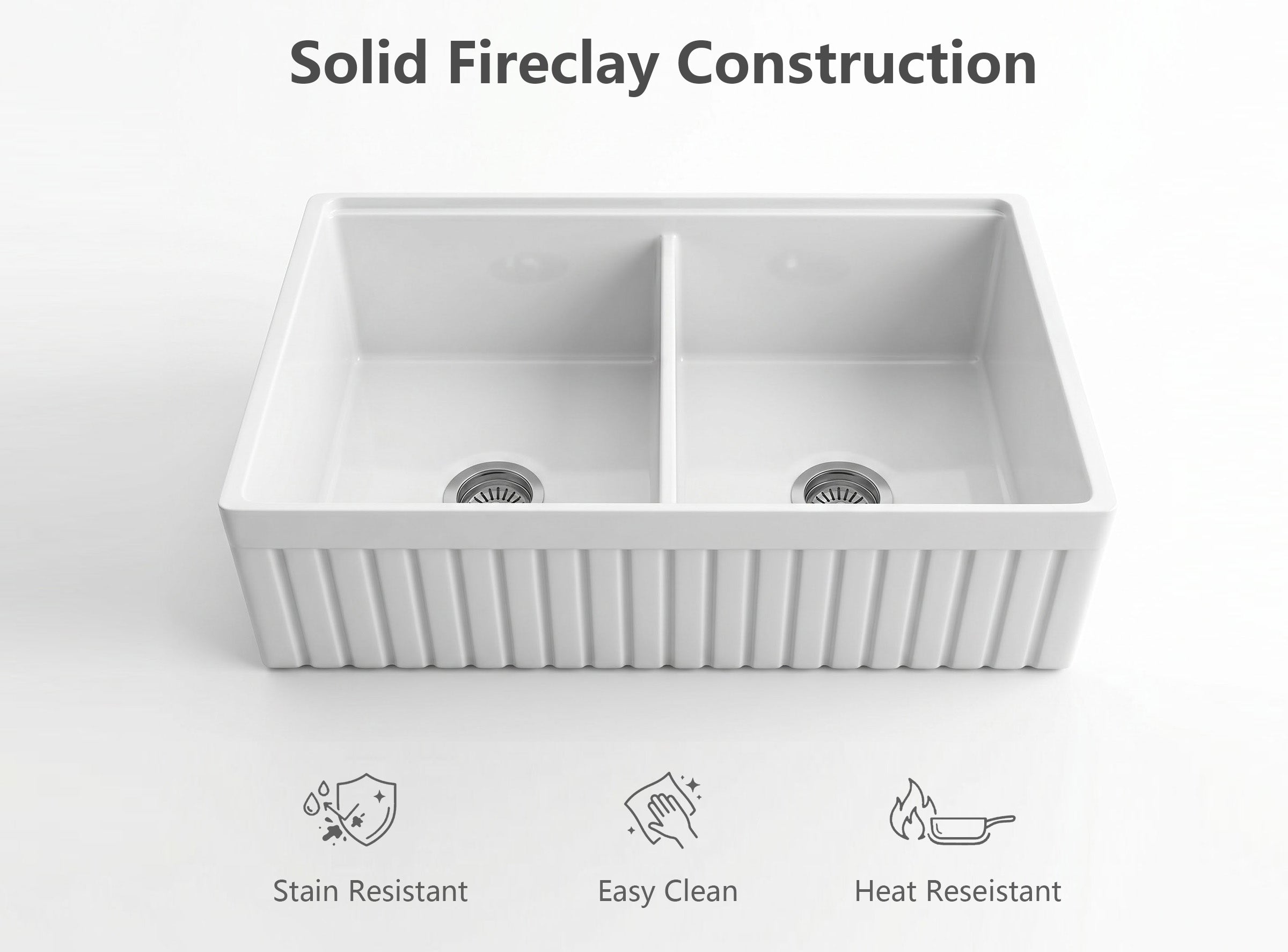 Close-up of 33" fireclay double bowl farmhouse sink highlighting solid fireclay construction, non-porous surface, and durable design