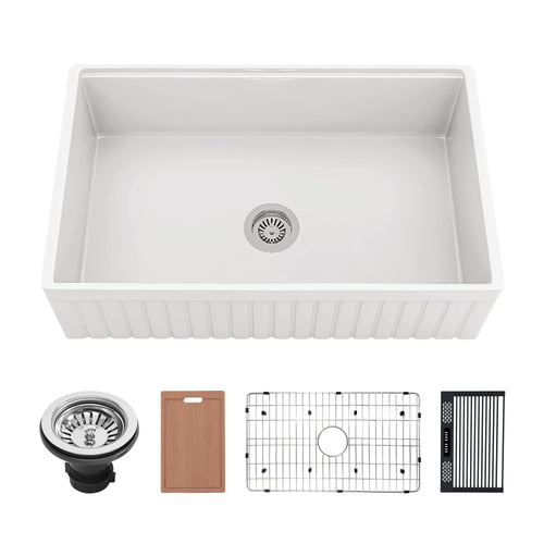 NOZLOO 33 Inch Fireclay Farmhouse Workstation Sink – Ribbed Apron Front