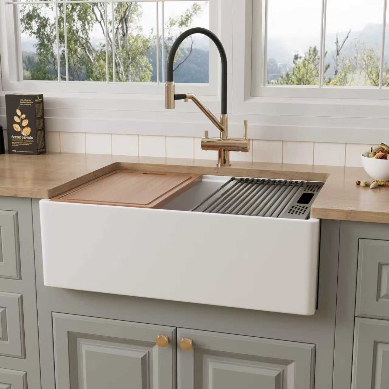 30 inch fireclay farmhouse workstation sink shown with the plain smooth side of its reversible apron facing out