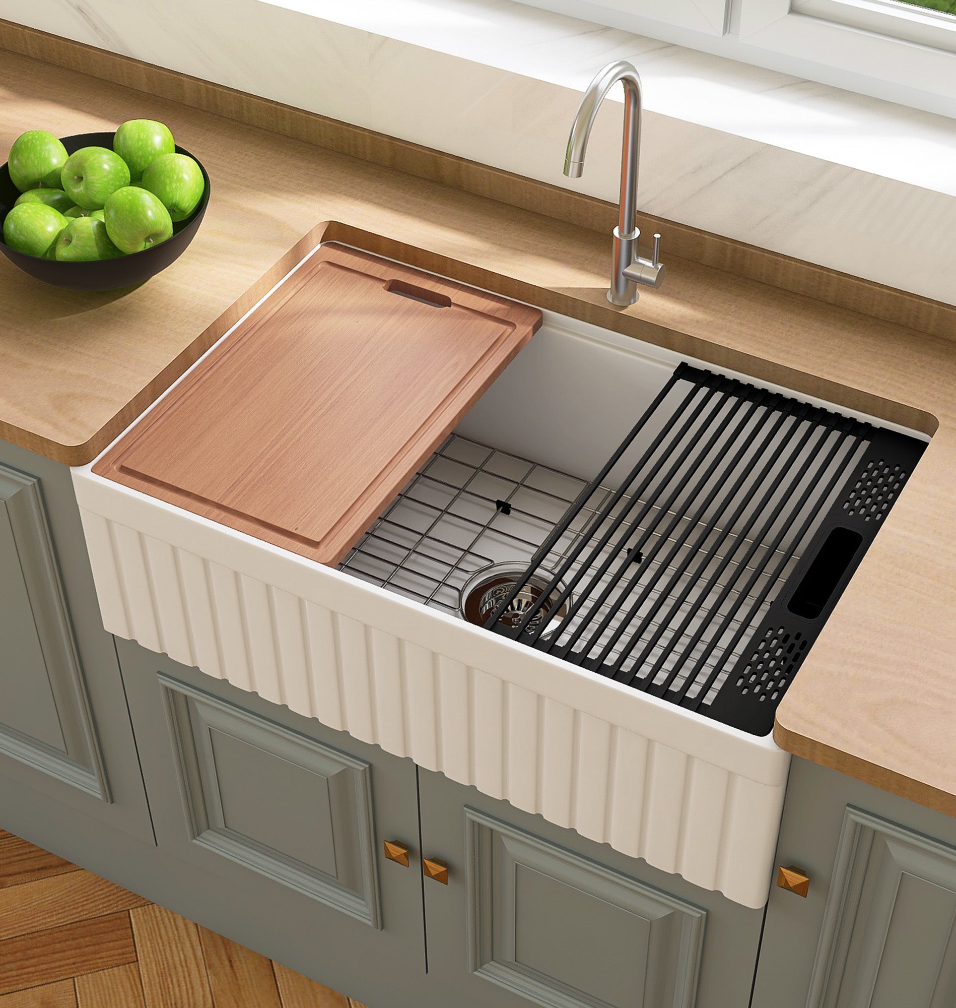 30 inch reversible apron fireclay farmhouse sink with ribbed front, cutting board, and roll-up rack