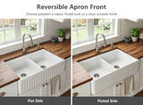 33" fireclay double bowl farmhouse sink showing reversible apron front with flat and fluted finishes in kitchen installation
