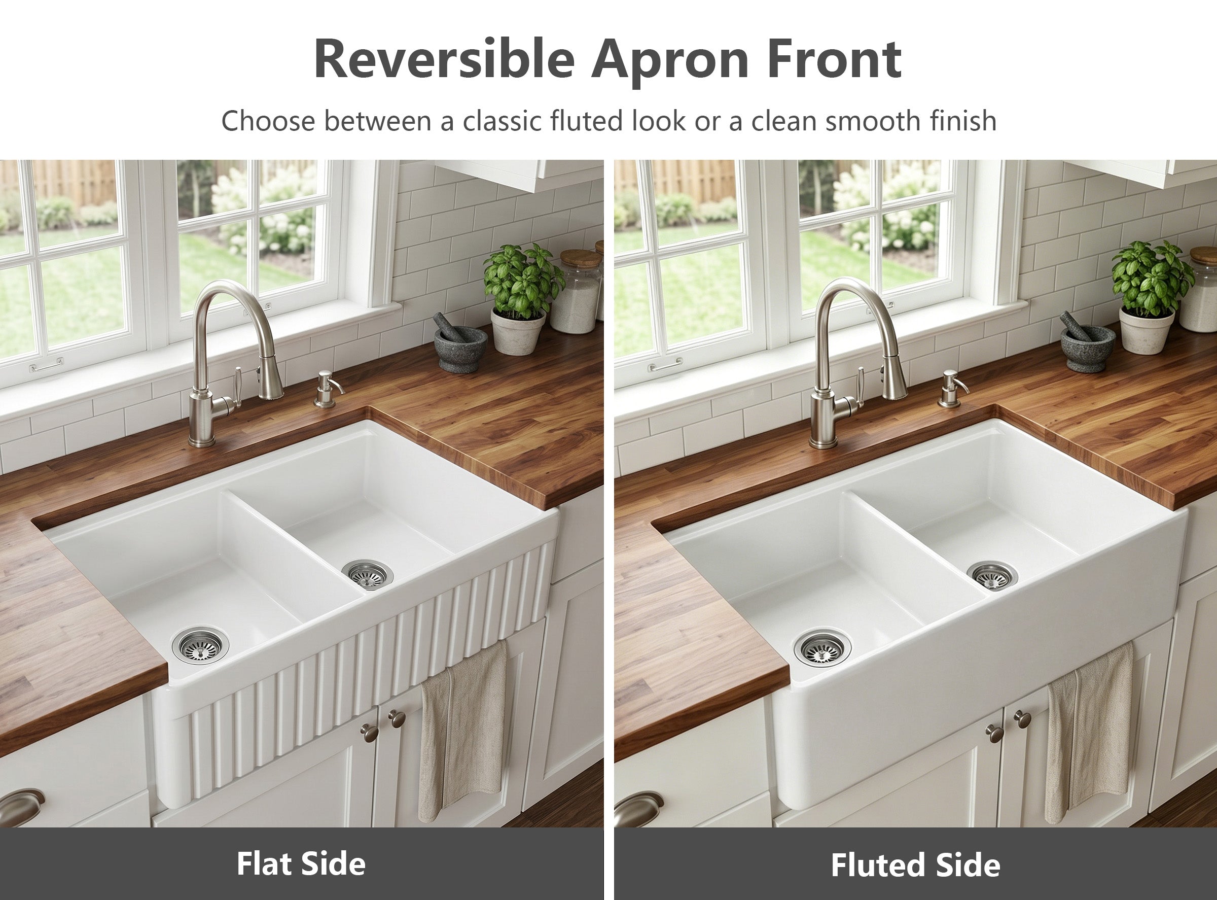 33" fireclay double bowl farmhouse sink showing reversible apron front with flat and fluted finishes in kitchen installation