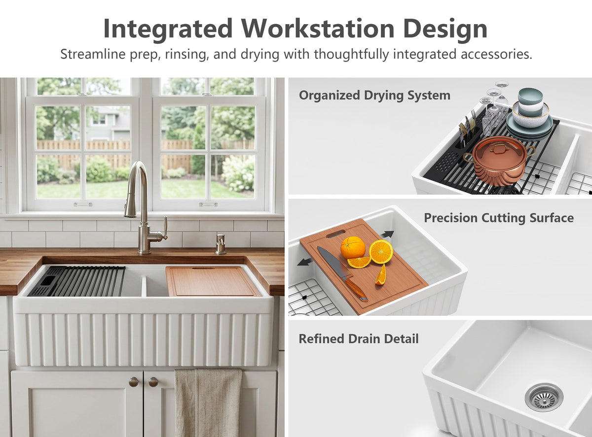 33" fireclay double bowl farmhouse sink with integrated workstation, roll-up drying grid, cutting board, and functional accessories
