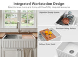 33" fireclay double bowl farmhouse sink with integrated workstation, roll-up drying grid, cutting board, and functional accessories