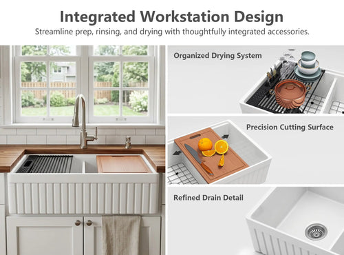 33" fireclay double bowl farmhouse sink with integrated workstation, roll-up drying grid, cutting board, and functional accessories