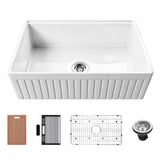 NOZLOO 30-inch reversible fluted apron fireclay farmhouse sink with sapele cutting board, roll-up drying rack, stainless steel bottom grid and drain