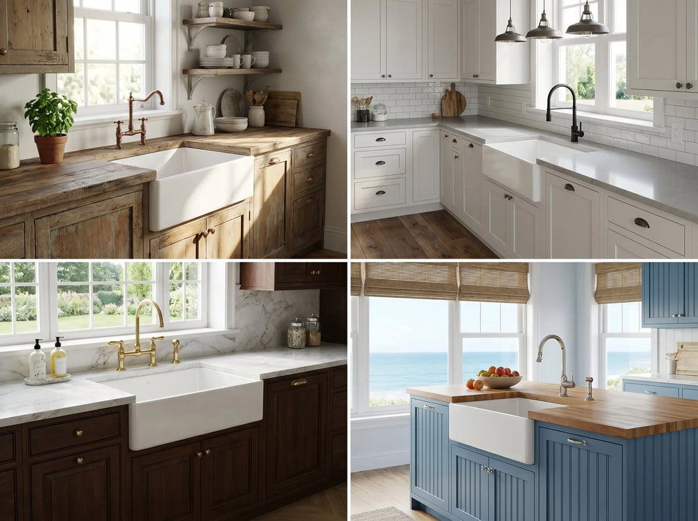 33" Smooth Apron Fireclay Farmhouse Sink shown in four kitchen styles
