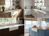 33" Smooth Apron Fireclay Farmhouse Sink shown in four kitchen styles