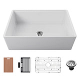 30 inch reversible apron fireclay farmhouse sink with cutting board, rack, bottom grid, and drain