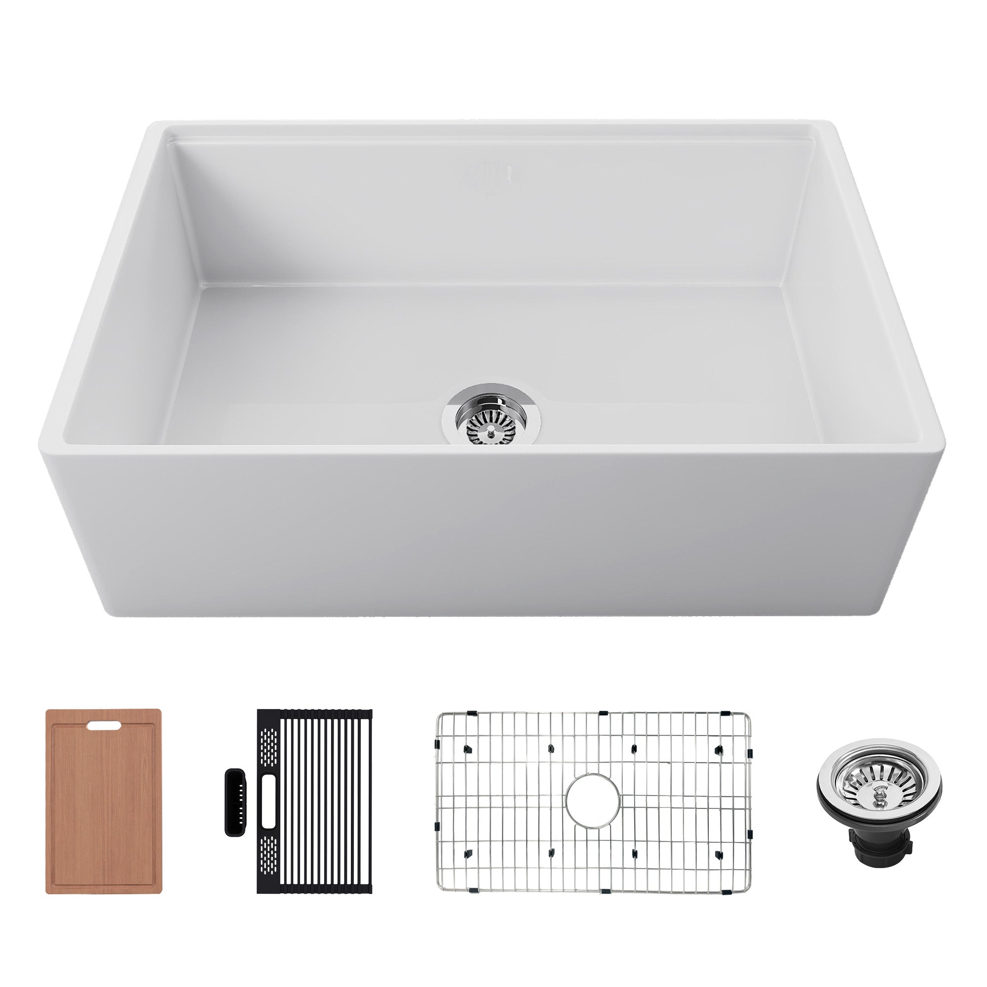 30 inch reversible apron fireclay farmhouse sink with cutting board, rack, bottom grid, and drain
