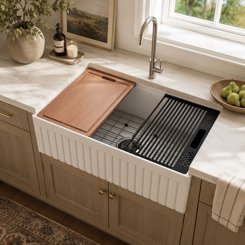 30 inch reversible apron fireclay workstation sink with cutting board and roll-up rack on its ledge, in a light oak kitchen with marble countertop
