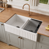 NOZLOO 33" Fireclay Double Bowl Farmhouse Sink with Workstation Kit