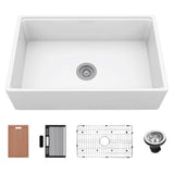 White 33" Smooth Apron Fireclay Farmhouse Sink with cutting board, drying rack, bottom grid, and drain