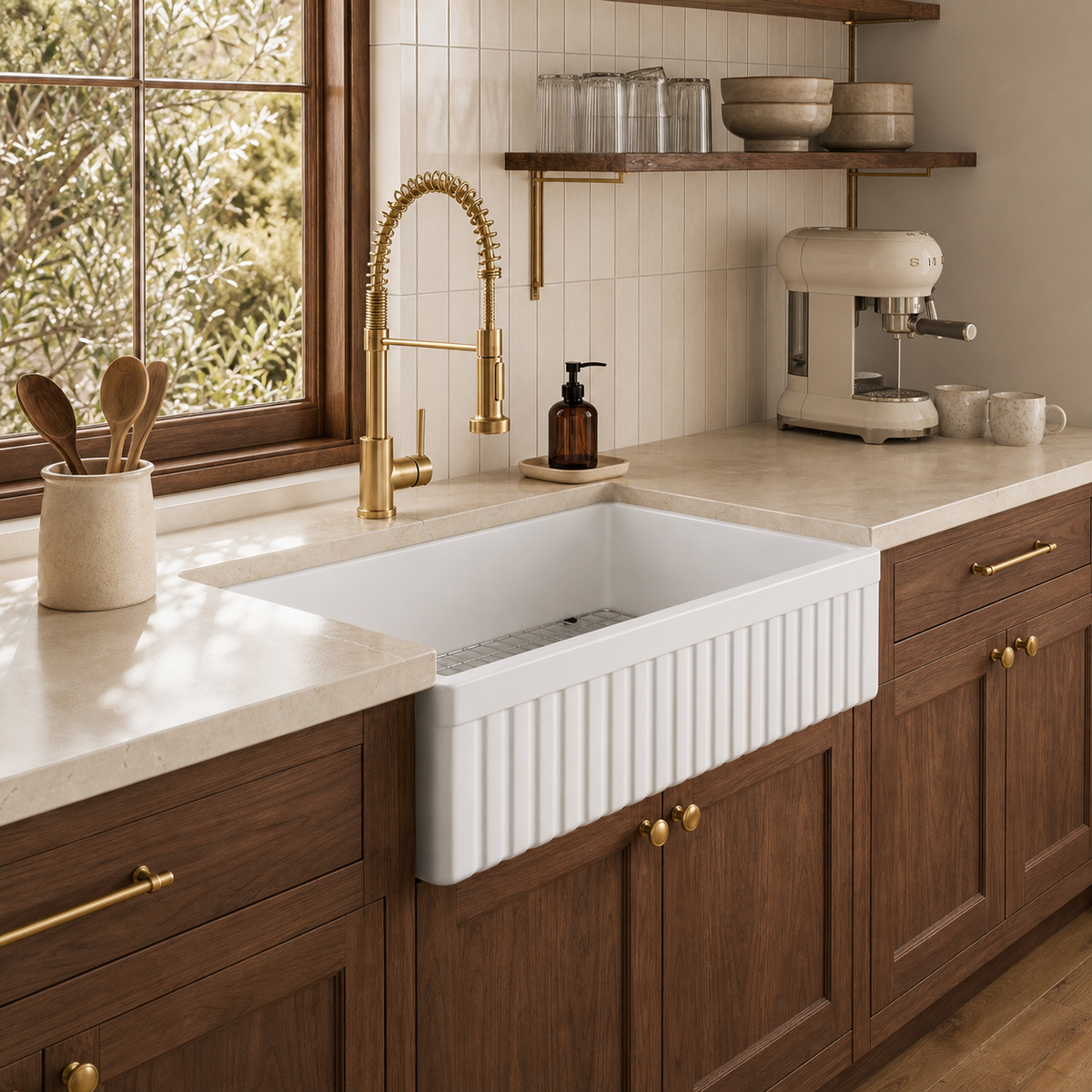 33 inch reversible apron fireclay farmhouse sink shown fluted-side-out in a warm walnut kitchen with brushed gold spring faucet and open wood shelving