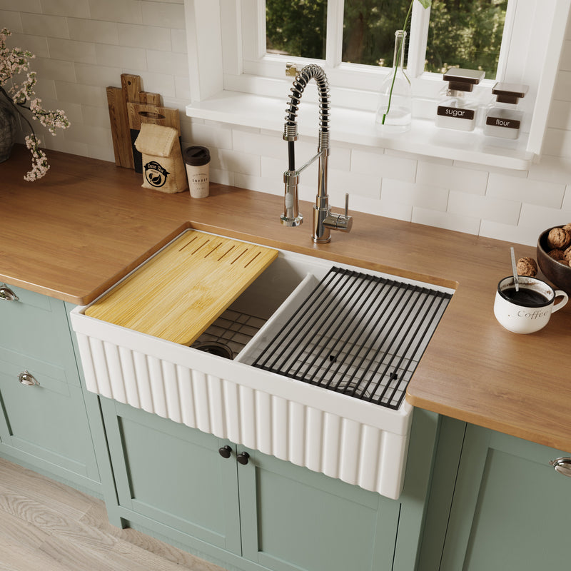 NOZLOO 33" Double Bowl Kitchen Sink – Fireclay Farmhouse Workstation