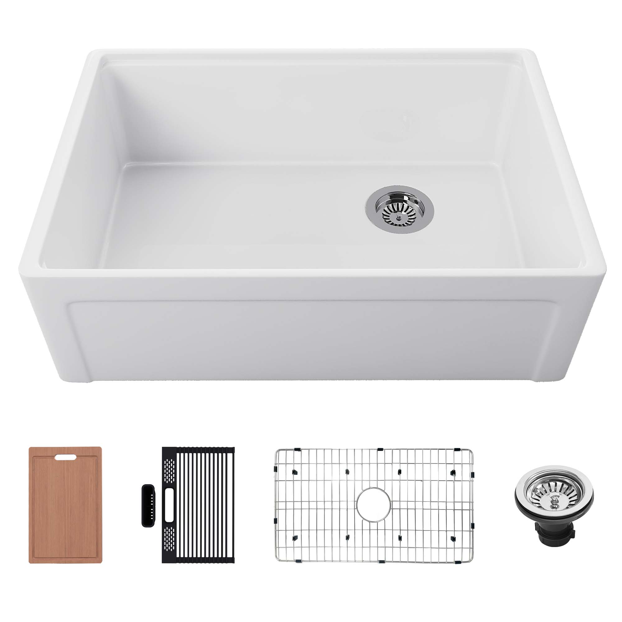 30 inch grooved fireclay farmhouse sink product kit with sapele board, rack, bottom grid, and drain