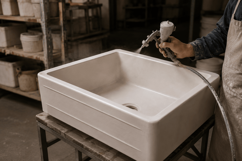 Quality inspection of a fired NOZLOO fireclay sink body