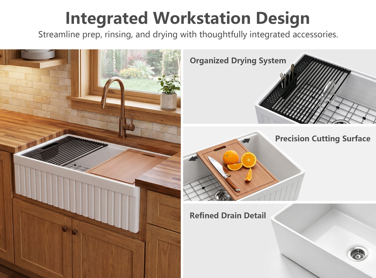 NOZLOO 30" Reversible Apron Fireclay Farmhouse Sink with Workstation Kit