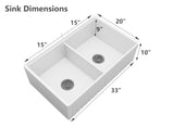 Top-down view of 33" fireclay double bowl farmhouse sink showing interior dimensions 15" × 17-3/4" × 9" and 50/50 split bowls