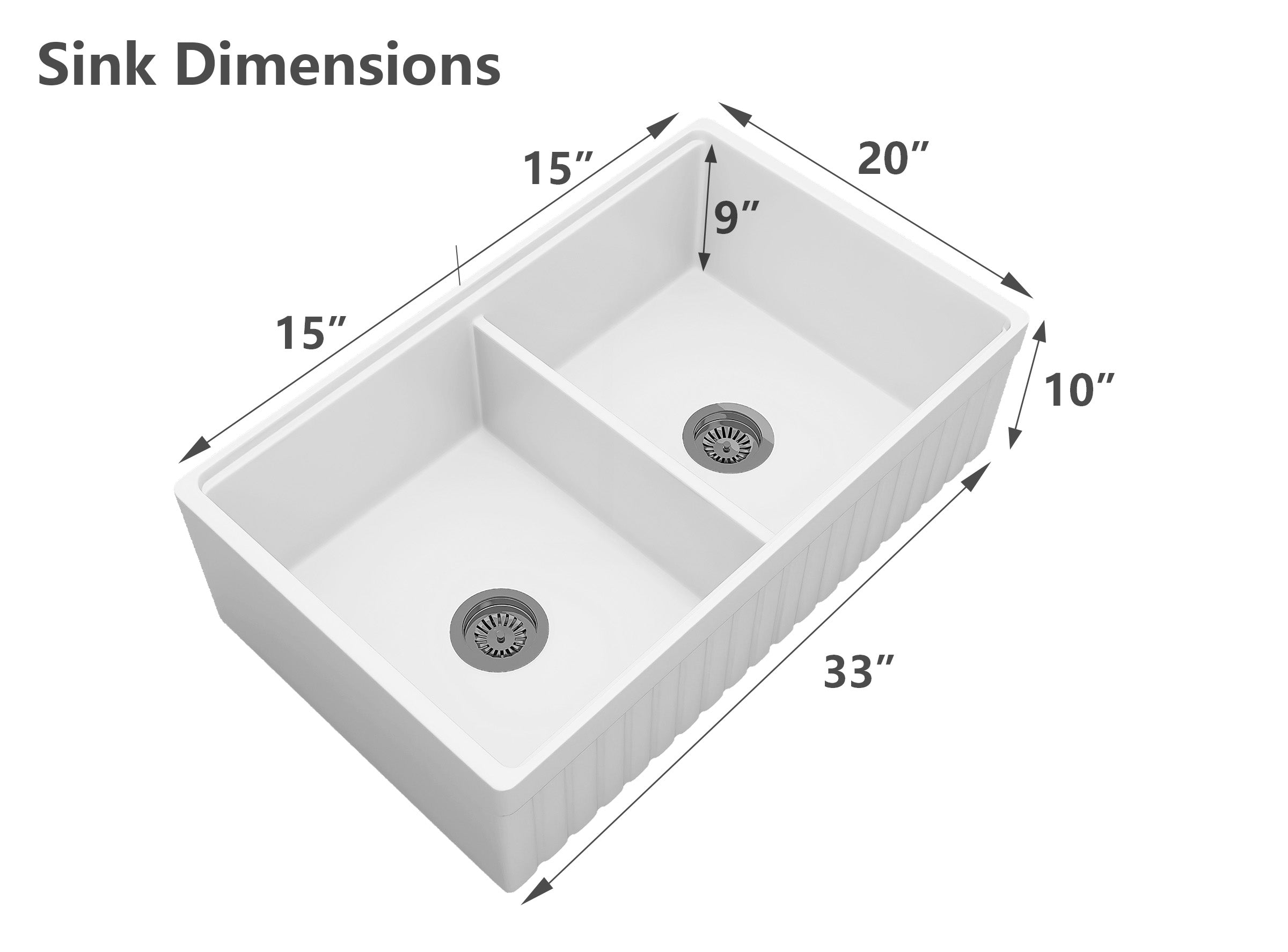 Top-down view of 33" fireclay double bowl farmhouse sink showing interior dimensions 15" × 17-3/4" × 9" and 50/50 split bowls