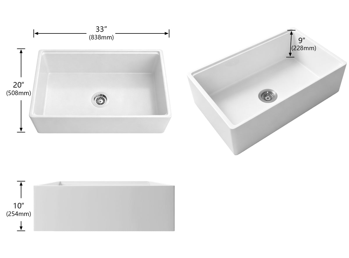 White 33" Smooth Apron Fireclay Farmhouse Sink dimensions showing 33" x 20" x 10" and 9" depthbackground
