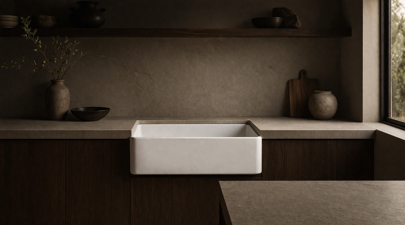 White fireclay farmhouse apron front sink in a modern kitchen with stone countertops and dark wood cabinetry