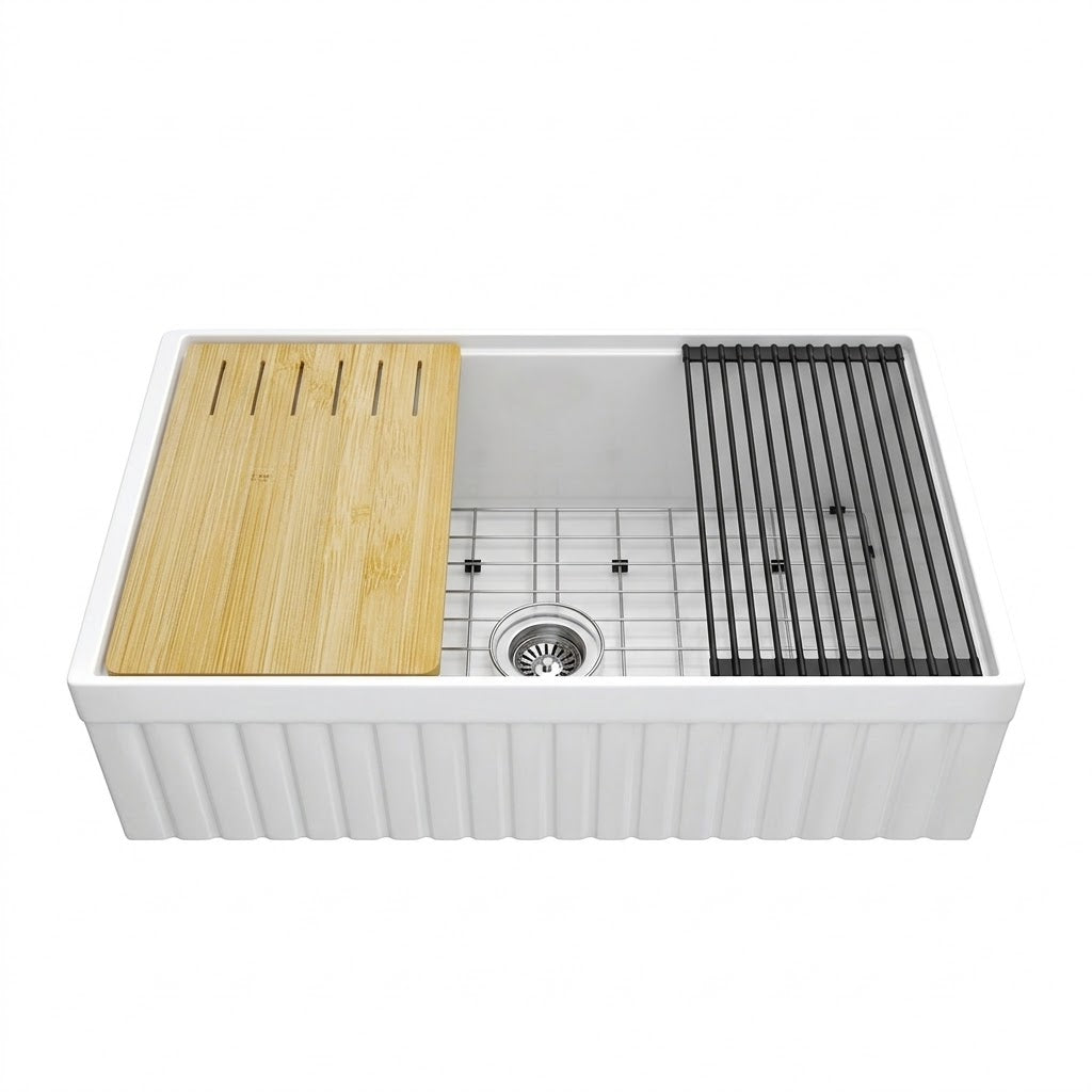 NOZLOO 33 inch Fireclay Farmhouse Workstation Sink