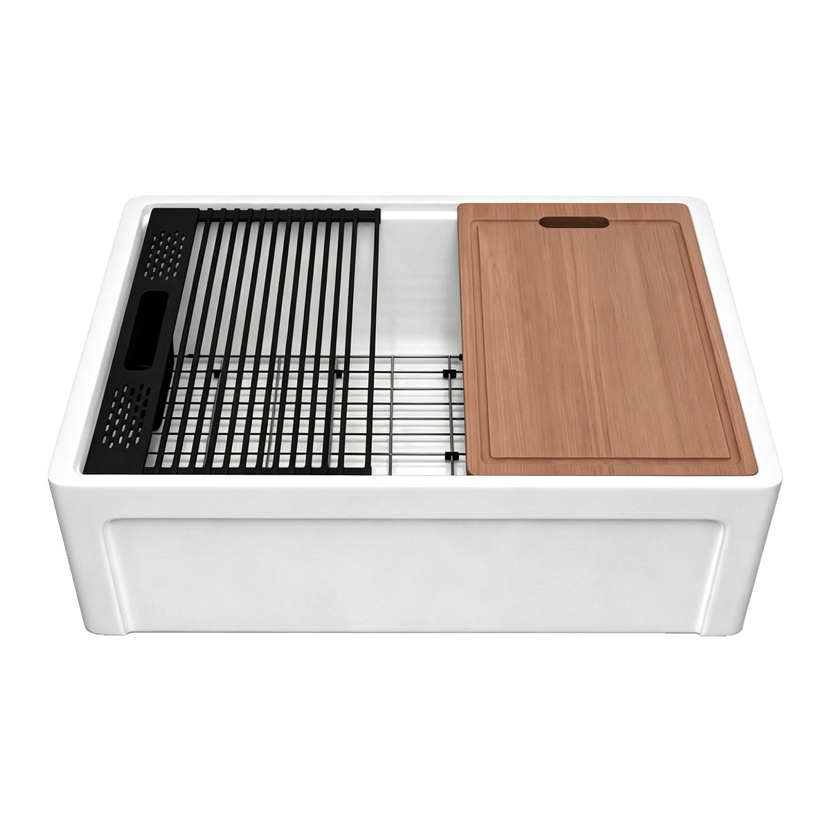 NOZLOO 30-inch grooved apron fireclay farmhouse workstation sink with recessed panel front, sapele cutting board, roll-up drying rack, black colander, and stainless steel bottom grid on a white background