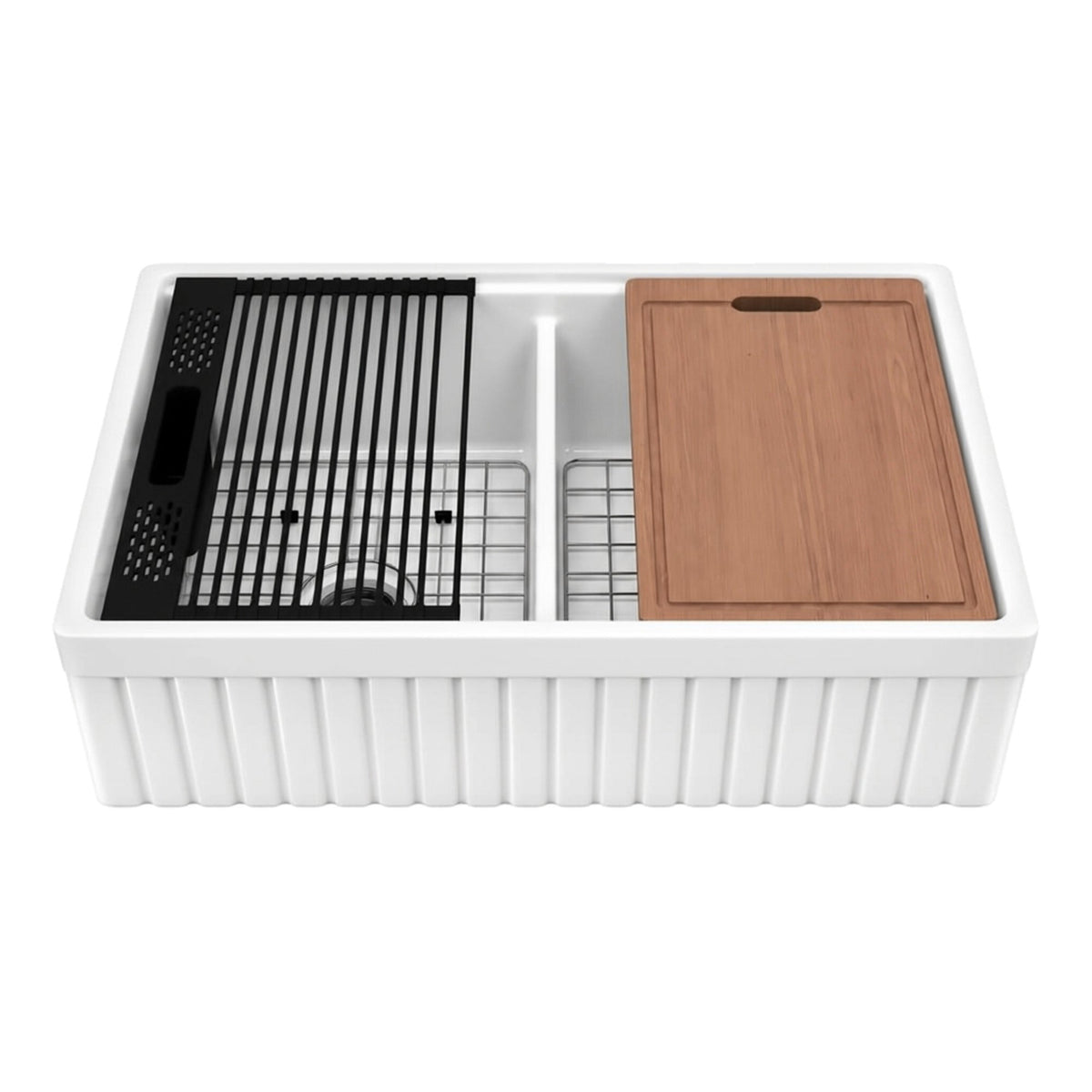 NOZLOO 33-inch double bowl 50/50 fireclay farmhouse workstation sink with sapele cutting board, roll-up drying rack, black colander, and two stainless steel bottom grids on a white background