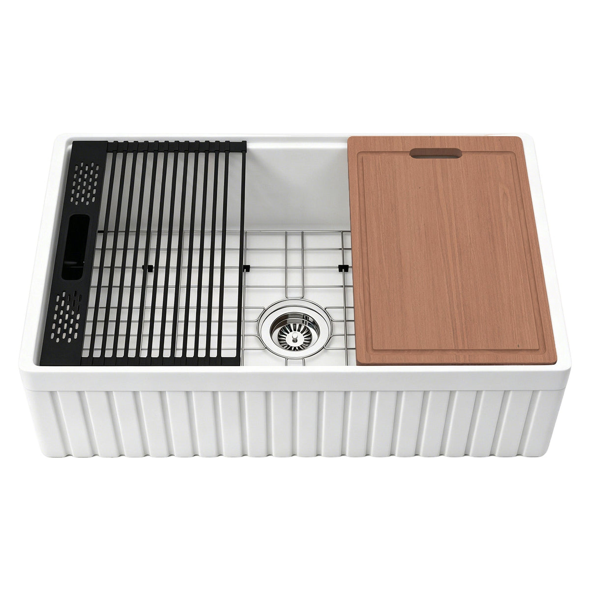 NOZLOO 33-inch fluted apron fireclay farmhouse workstation sink with included sapele cutting board, roll-up drying rack, black colander, and stainless steel bottom grid on a white background