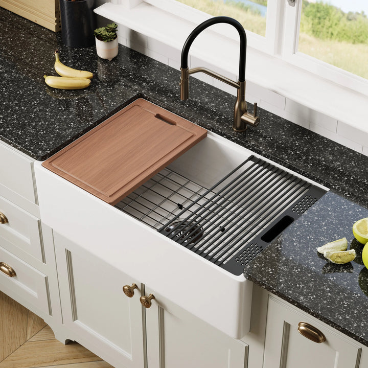 33" smooth apron fireclay farmhouse sink with cutting board, drying rack, and bottom grid