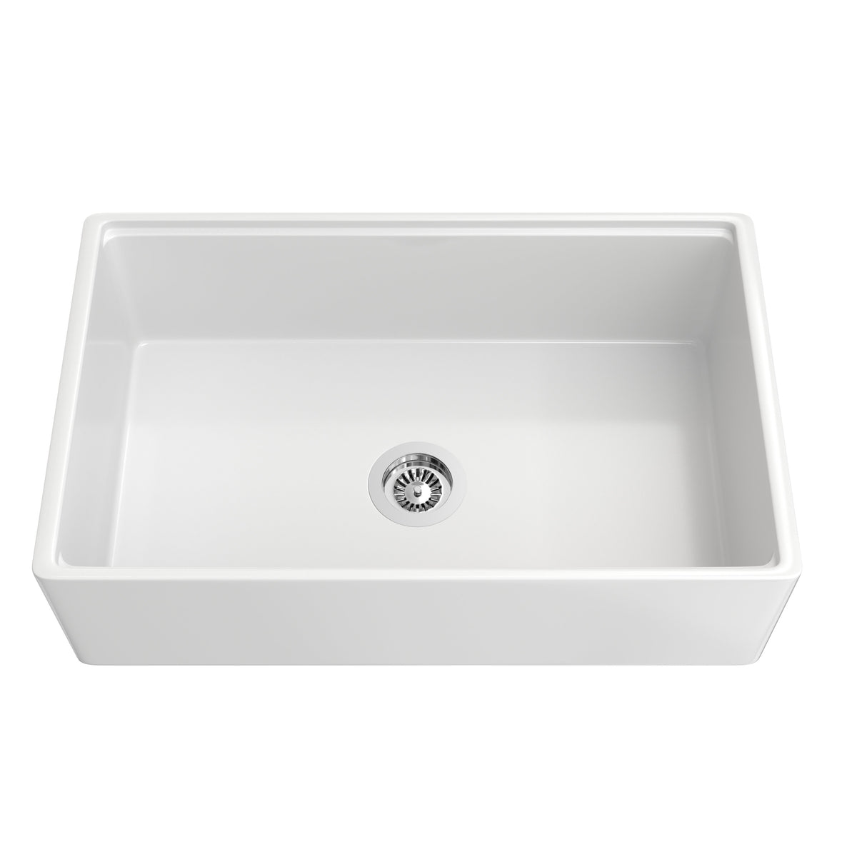 White 33" Smooth Apron Fireclay Farmhouse Sink front view with chrome drain