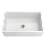 White 33" Smooth Apron Fireclay Farmhouse Sink front view with chrome drain