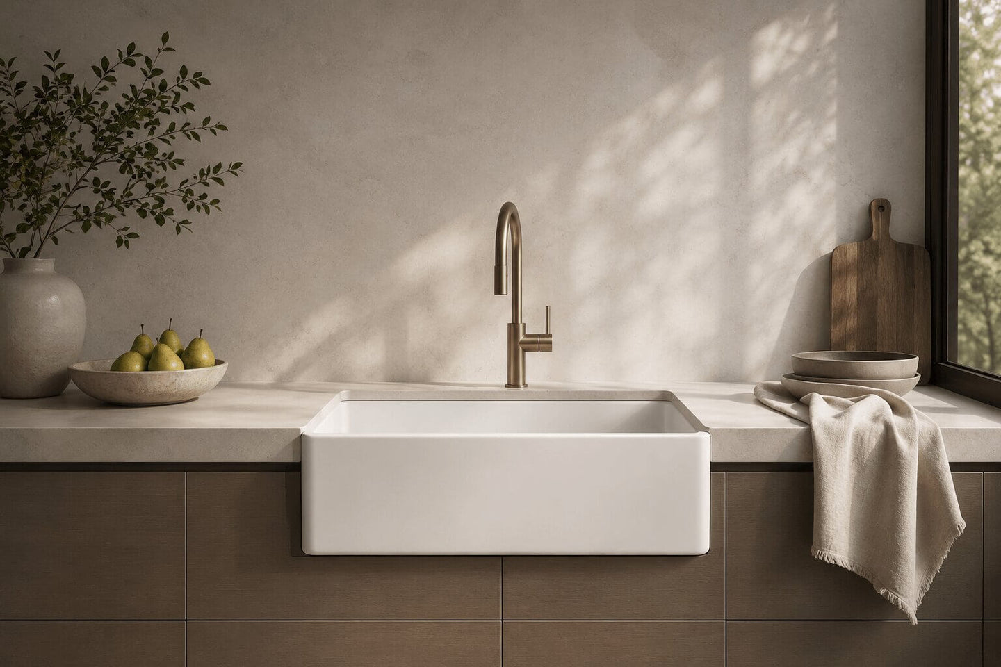 White fireclay farmhouse apron-front kitchen sink