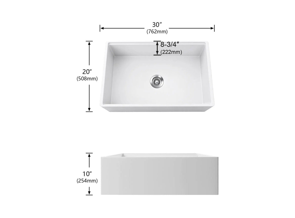 NOZLOO 30 inch reversible fluted apron fireclay farmhouse sink dimensions 30 x 20 x 10 with 8-3/4 inch interior bowl depth