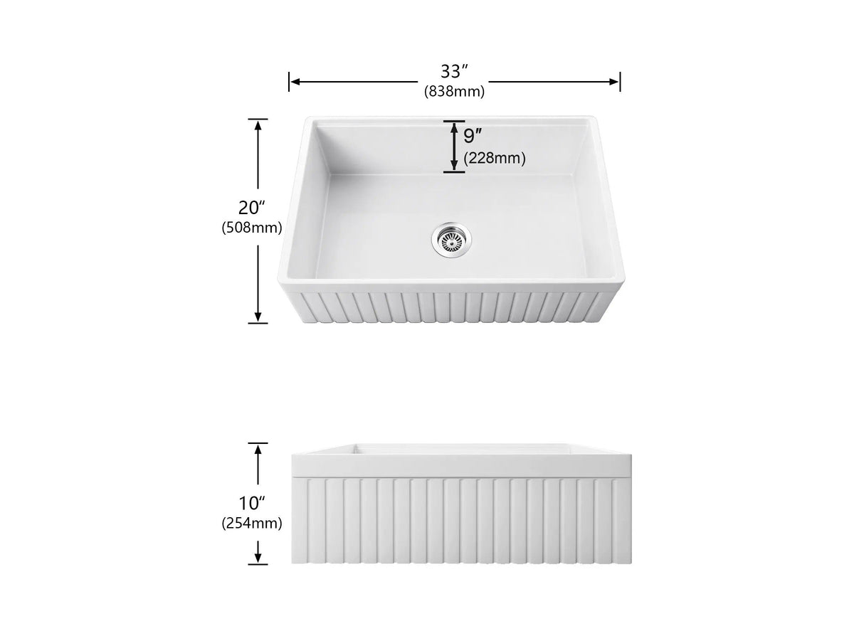 NOZLOO 33 inch fluted apron fireclay farmhouse sink dimensions 33 x 20 x 10 with 9 inch interior bowl depth