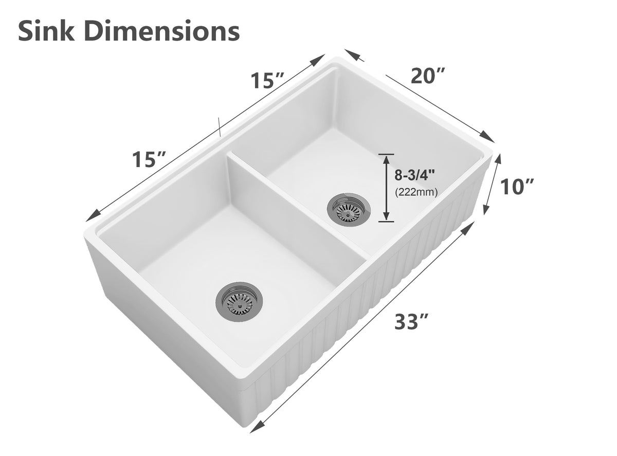 NOZLOO NZ-103W3320D 33 inch double bowl fireclay farmhouse sink dimensions 33 x 20 x 10 each bowl 15 x 17-3/4 with 8-3/4 inch bowl depth at the drain