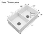 NOZLOO NZ-103W3320D 33 inch double bowl fireclay farmhouse sink dimensions 33 x 20 x 10 each bowl 15 x 17-3/4 with 8-3/4 inch bowl depth at the drain