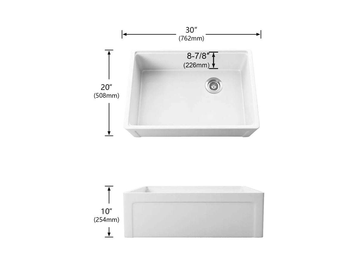 NOZLOO 30 inch grooved apron fireclay farmhouse sink dimensions 30 x 20 x 10 with 8-7/8 inch interior bowl depth