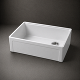 NOZLOO 30" grooved apron fireclay farmhouse sink (NZ-105W3020), angled view showing the single bowl, workstation ledge track and offset rear drain